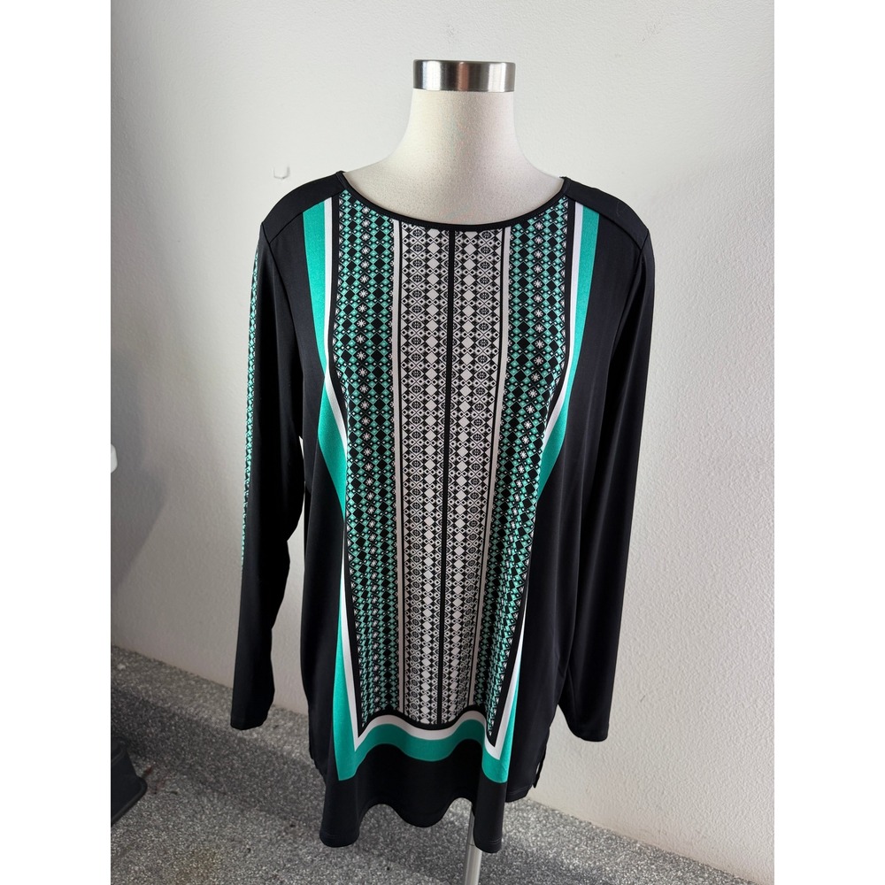 Susan Graver Womens XL Liquid Knit Tunic Top Black Teal Geometric Border Blouse